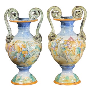 Vintage Italian Hand-Painted Majolica Mythological Vases, 1800s, Set of 2 For Sale