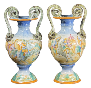 Vintage Italian Hand-Painted Majolica Mythological Vases, 1800s, Set of 2