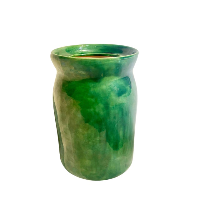 French Provincial Vintage Green Hand Made Folk Art Glazed Terracotta Olive Jar For Sale - Image 3 of 9