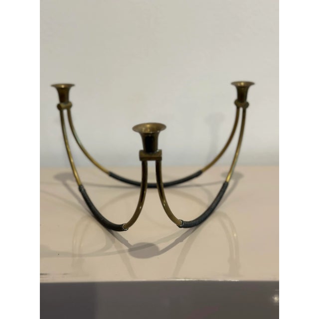 1960s Four Mid-Century Modern Brass and Leather Candelabra For Sale - Image 5 of 12