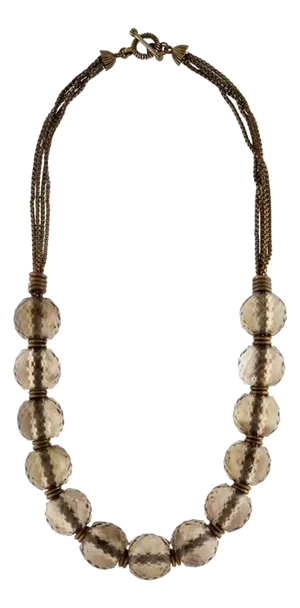1990s 90s Stephen Dweck Necklace Smoky Quartz Beads Faceted Statement Bronze Gemstone