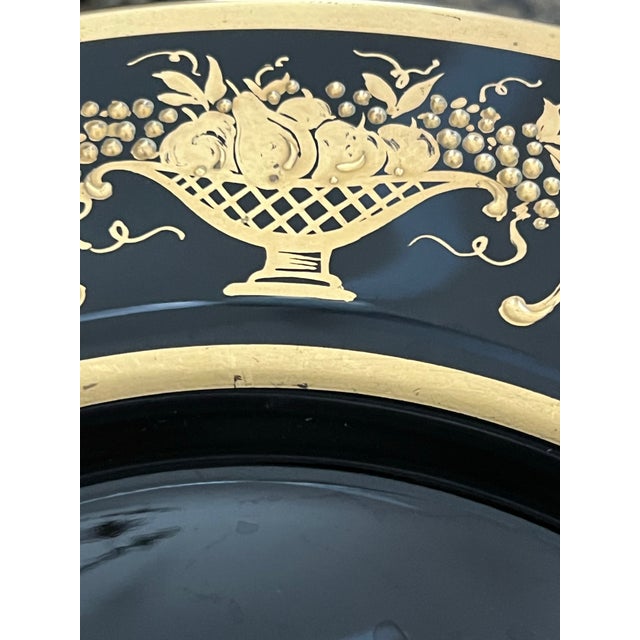 Onyx Antique Neoclassical Black Glass Charger With Hand-Applied Gilt Cornucopia Decoration,set of 10f For Sale - Image 8 of 9