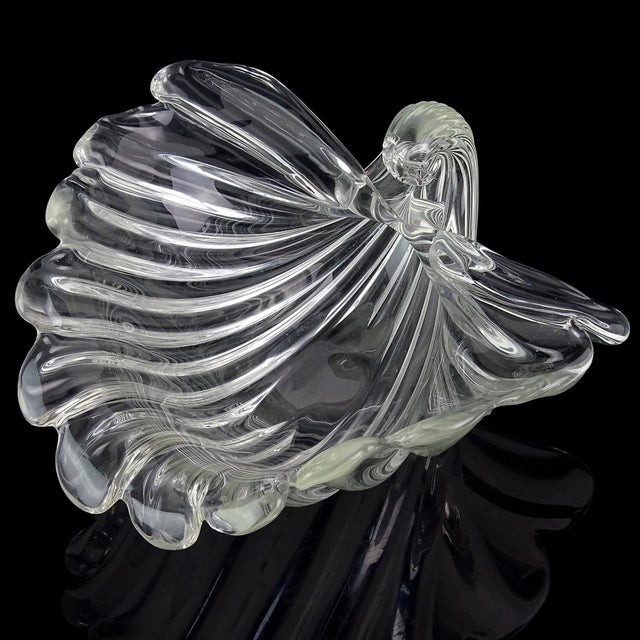 Beautiful and unusual, vintage Murano hand blown crystal clear Italian art glass ribbed decorative seashell shape...