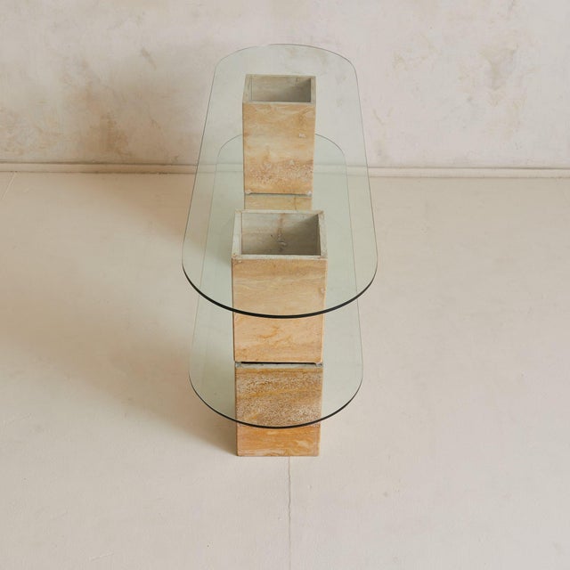 Italian Two-Tier Pill Shaped Glass + Travertine Console, 1970s For Sale - Image 4 of 8
