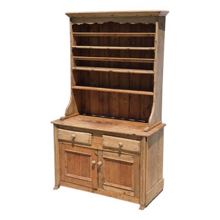 Circa 1890s English Scrubbed Pine Hutch Cabinet Welsh Dresser Cupboard W/ Plate Racks For Sale