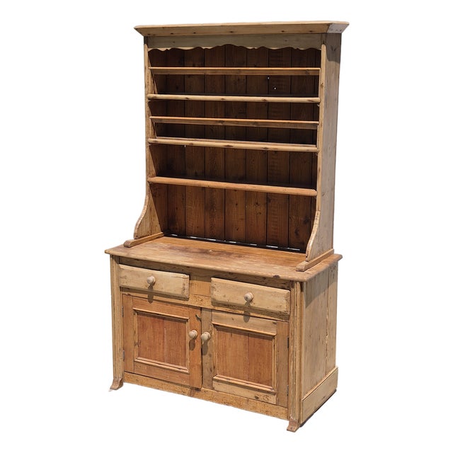 Circa 1890s English Scrubbed Pine Hutch Cabinet Welsh Dresser Cupboard W/ Plate Racks For Sale