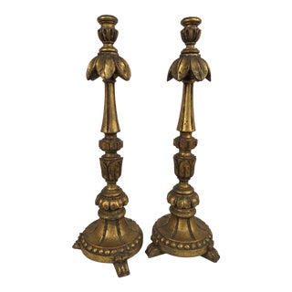 Vintage 1970s Italian Style Hand Carved Wooden Candle Sticks - a Pair For Sale