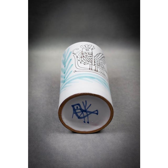 Cylindrical Vase in Glazed Earthenware with Stylized Rooster and Flower by Michel Barbier, Lully, Haute-Savoie, 1970-1986 For Sale - Image 9 of 10