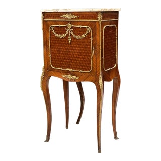 French Louis XV Marble Top Bedside Cabinet With Gold Leaf Details – Elegant Wood Nightstand For Sale