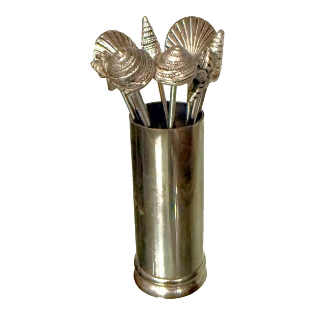 Vintage Pewter Seashell Cocktail Forks With Holder - Set of 9 For Sale