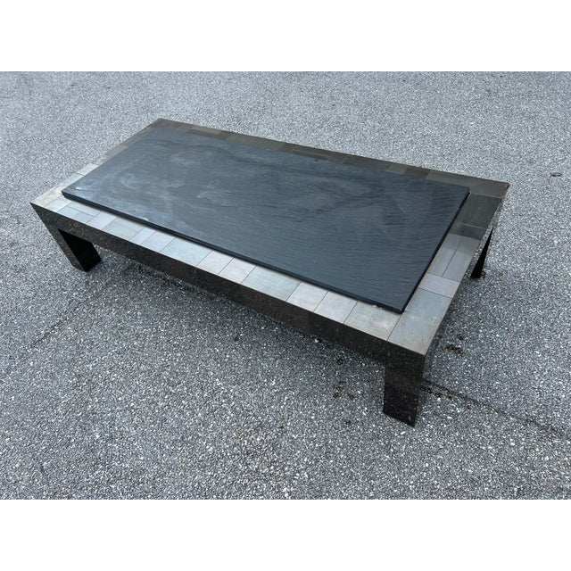 Mid-Century Modern Brutalist Paul Evans Patinated Patchwork Coffee Table With Slate Top Signed For Sale - Image 3 of 11