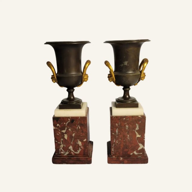 A pair of small Napoleon III patinated bronze urns with doree mounts on alabaster and red marble plinths circa 1850.