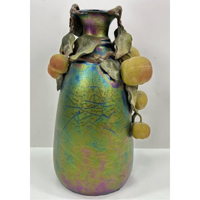 Art Nouveau 1900s Clément Massier Art Nouveau Pottery Vase With Iridescent Apple Design 14"h X 8"w For Sale - Image 3 of 16