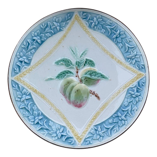 French Majolica Plums Plate Circa 1890 For Sale
