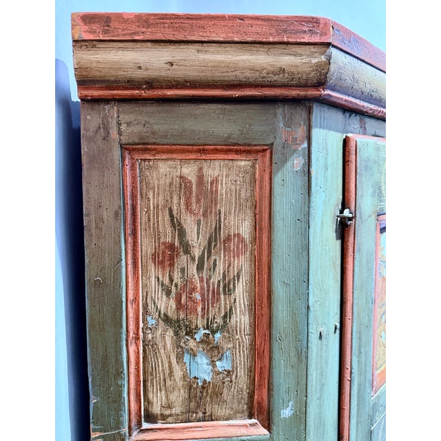 Wood Late 18th Century Swedish Blue-Green Painted Folk Art Corner Cabinet For Sale - Image 7 of 18