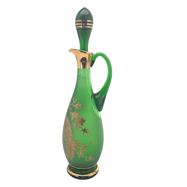 Mid-Century Frosted Emerald Glass Decanter Set With Gilt Pheasant Motif, 15" For Sale - Image 4 of 16