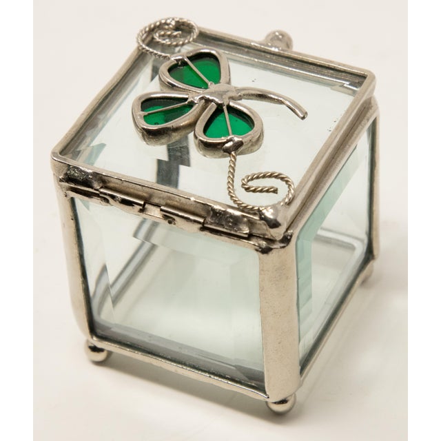 Vintage Sterling Silver and Beveled Glass Trinket Box with Clover For Sale - Image 9 of 12