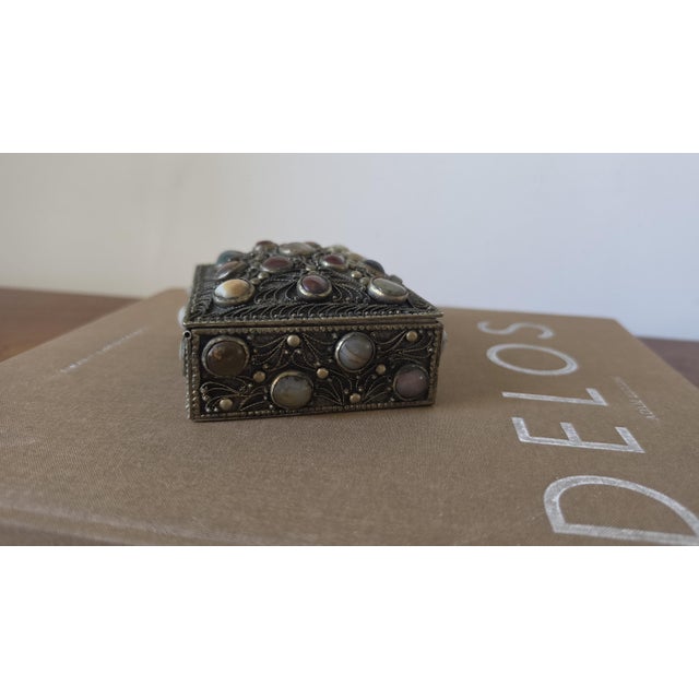Metal Antique Folk Art Silverplate Jewelry Box With Agate Cabochons, Vintage Trinket Box, Ornate Filigree Keepsake, Boho Global Decor For Sale - Image 7 of 10