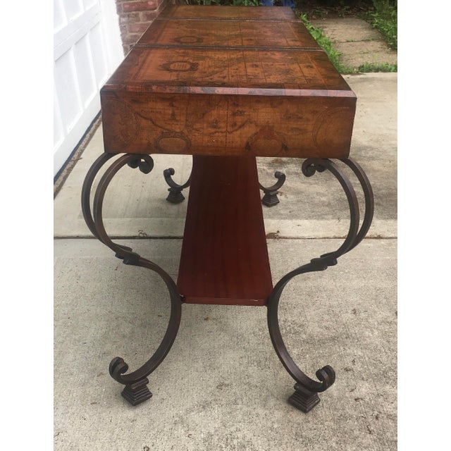 Brown Vintage World Map Suitcase Table with Leather Straps & Buckles For Sale - Image 8 of 9