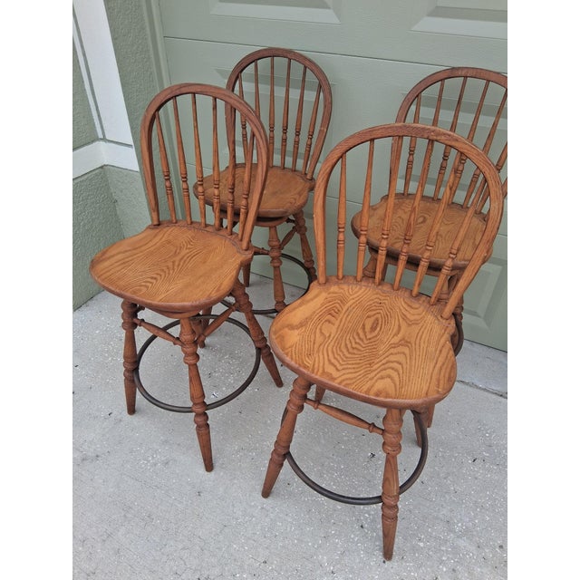 American 1950's Vintage American Colonial Solid Oak Swivel Bar Stools by Ethan Allen Set of 4 For Sale - Image 3 of 12