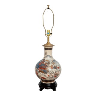 Vintage Chinoiserie Porcelain Lamp With Pagoda Landscape Decoration For Sale