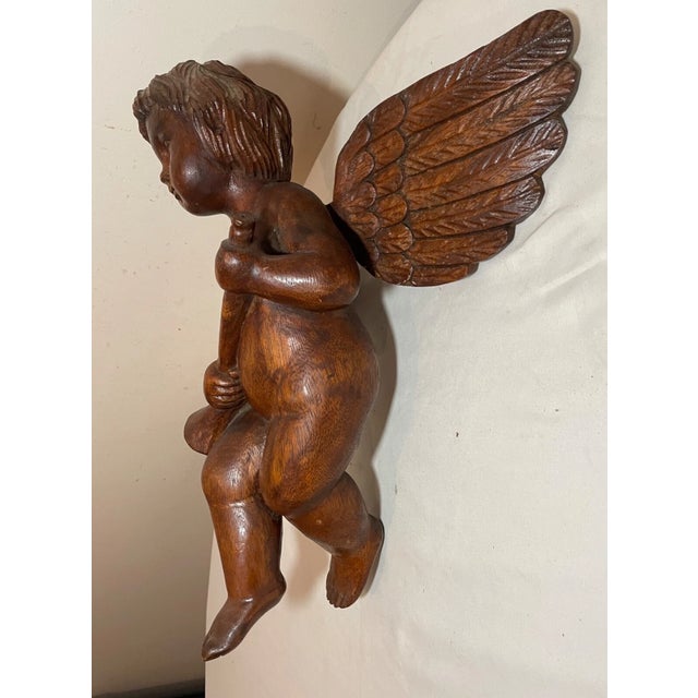 Antique 1800's Hand Carved Wood Religious Winged Cherub Cupid Sculpture Statue For Sale - Image 10 of 15