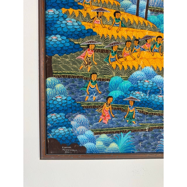 Blue 1970’s Vintage Penestanan Kelod Bali Folk Art - Rice Harvest Scene Oil on Canvas Painting For Sale - Image 8 of 10
