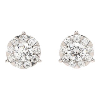 1ctw Diamond Halo Stud Earrings, 14k White Gold, Length 7.8 Mm For Sale