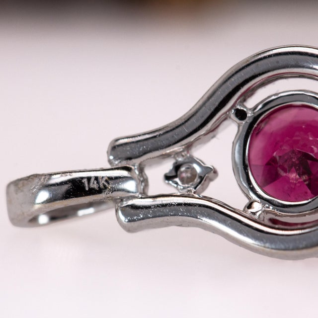 Metal 6mm, 1ct Rubellite Tourmaline Pendant W Natural Diamond Halo in Solid 14k Gold For Sale - Image 7 of 8