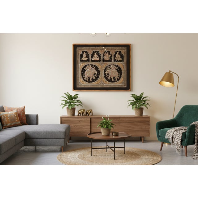 A stunning example of Burmese Kalaga, a traditional form of embroidered tapestry. This piece is crafted on a heavy black...