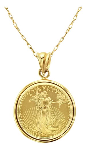1/10OZ Fine Gold Lady Liberty Coin Necklace with Polished Bezel 16"