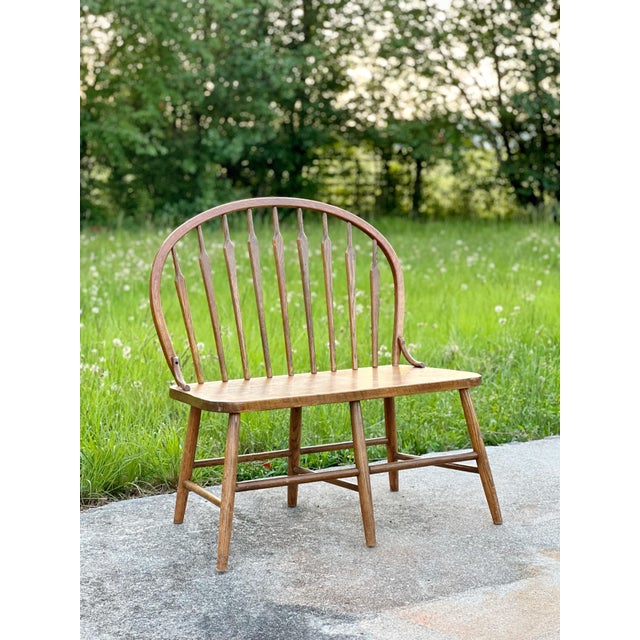 Brown Mid Century Solid Oak Bowback Windsor Armless Bench Settee For Sale - Image 8 of 10