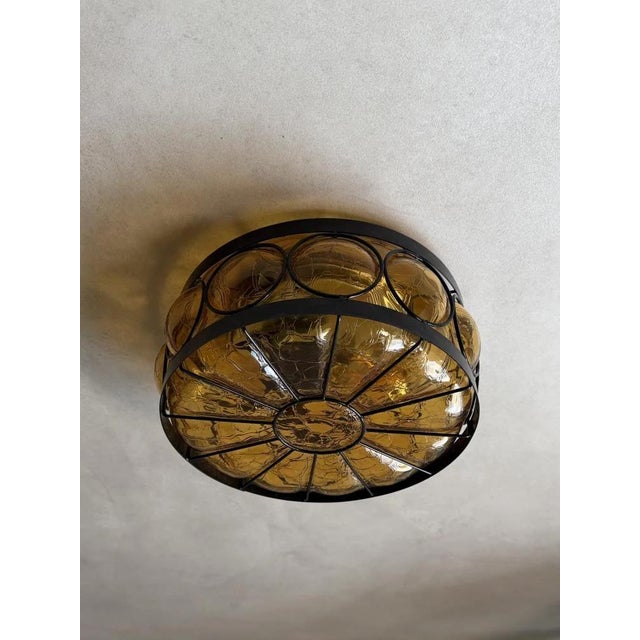 Organically shaped lamp crafted from amber-colored crackle glass and wrought iron. This ceiling or wall lamp from the...