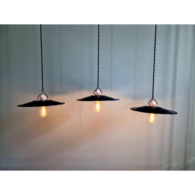 Vintage Industrial Pendant Lights in Black Enameled Sheet Metal, 1940s, Set of 3 For Sale - Image 14 of 17