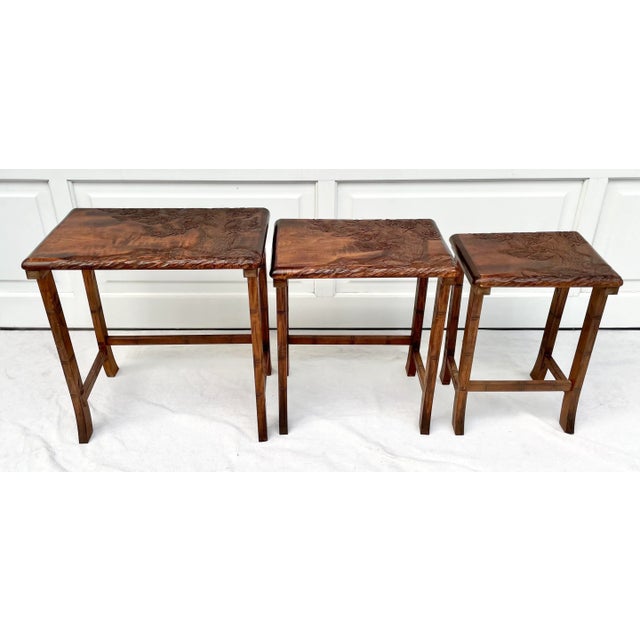 Vintage Hand-Carved Wood Cherry Blossom Asian Nesting Tables For Sale In Los Angeles - Image 6 of 12