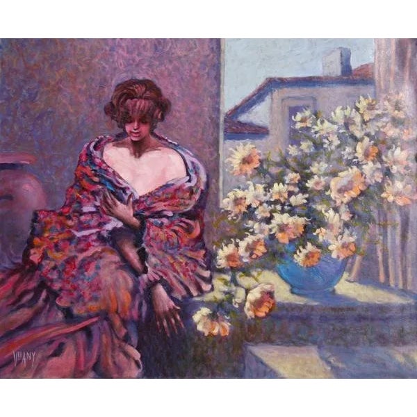 Figurative Seated Woman with Flowers, Vilany, Painting For Sale - Image 3 of 3