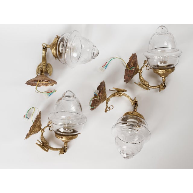 Metal 1950s Spanish Empire Cast Brass Dragon Sconces With Cut-Glass Acorn Shades - Set of 4 For Sale - Image 7 of 12