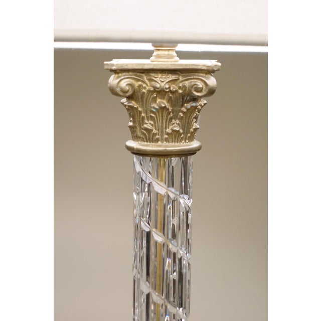 Brass Large Matched Pair Waterford Crystal French Empire Corinthian Column Brass Table Lamps 1960's For Sale - Image 8 of 13