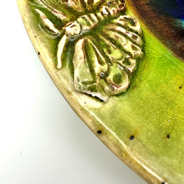 Early 21st Century Early 21st Century Studio Pottery Butterflies & Leaves Majolica Decorative Plate Green & Blue For Sale - Image 5 of 8