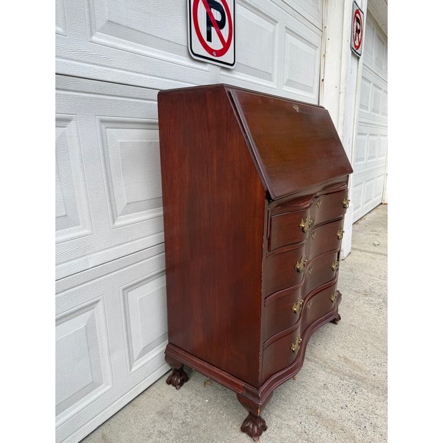 Wood Vintage Chippendale Style Mahogany Secretary Desk With Serpentine Drawers, Ball and Claw Feet & Drop Front For Sale - Image 7 of 12