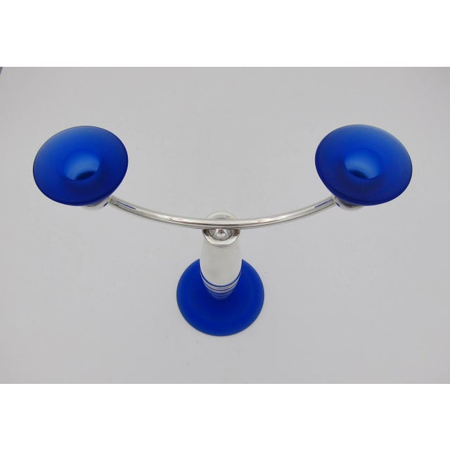 Christofle Christofle Alexandrie French Modernist Candelabra in Silverplate and Blue Glass For Sale - Image 4 of 10