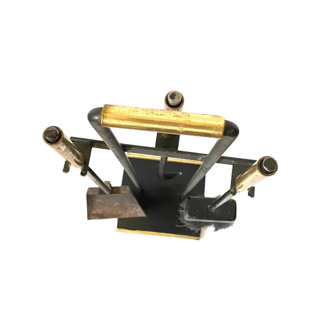 Mid Century Modernist Fireplace Tool Set Black Wrought Iron & Brass For Sale - Image 4 of 9