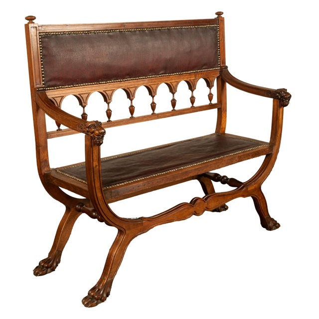 Traditional Antique Renaissance Revival Carved Walnut & Leather Hall Window Bench Italy 1880 For Sale - Image 3 of 15