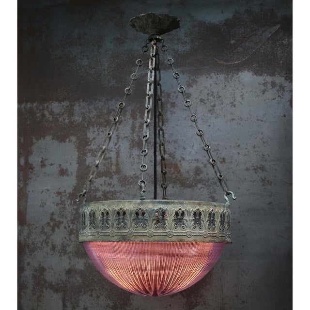 French Brass Violet Glass Plafonnier Pendant Lamp by Holophane Paris For Sale - Image 3 of 12
