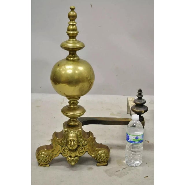 Vintage Beethoven Face French Rococo Brass Cannonball Fireplace Andirons - Pair For Sale - Image 10 of 12