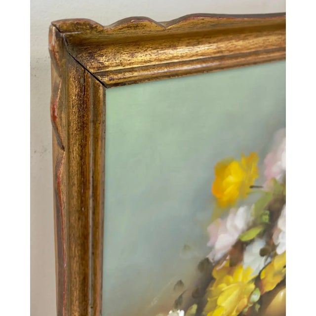 1950s Still Life Oil on Canvas Painting of White and Yellow Roses, Signed For Sale - Image 5 of 10