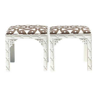 Vintage White and Brown Fretwork Upholstered Stools - A Pair For Sale