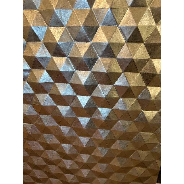 Eye catching impressive large square relief wall art having raised geometric op art pattern out of carved wood or metal,...