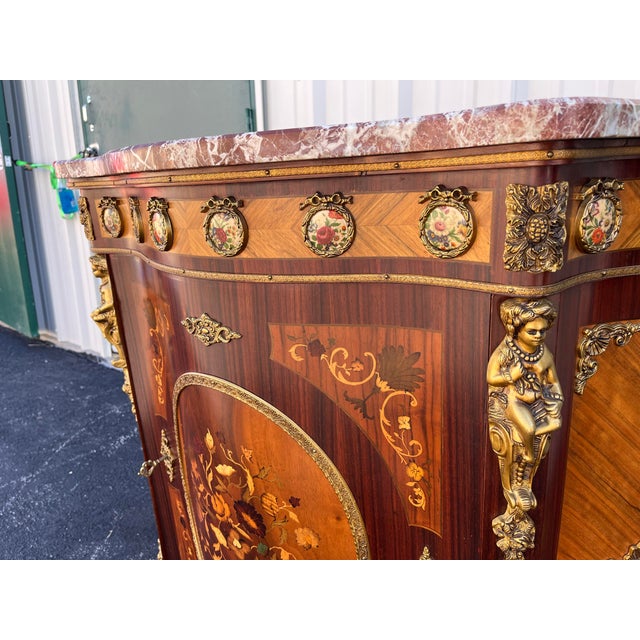 Louis XV Satinwood Marquetry Console Cabinet- Marble, Brass Ormolu, & Porcelain Medallions For Sale - Image 10 of 12