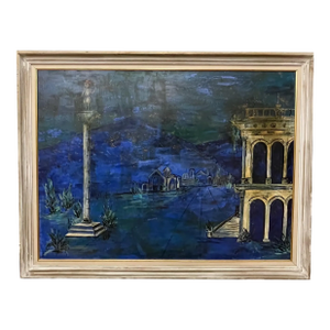 Mid 20th Century Surreal Blue Landscape With Classical Architecture, Framed